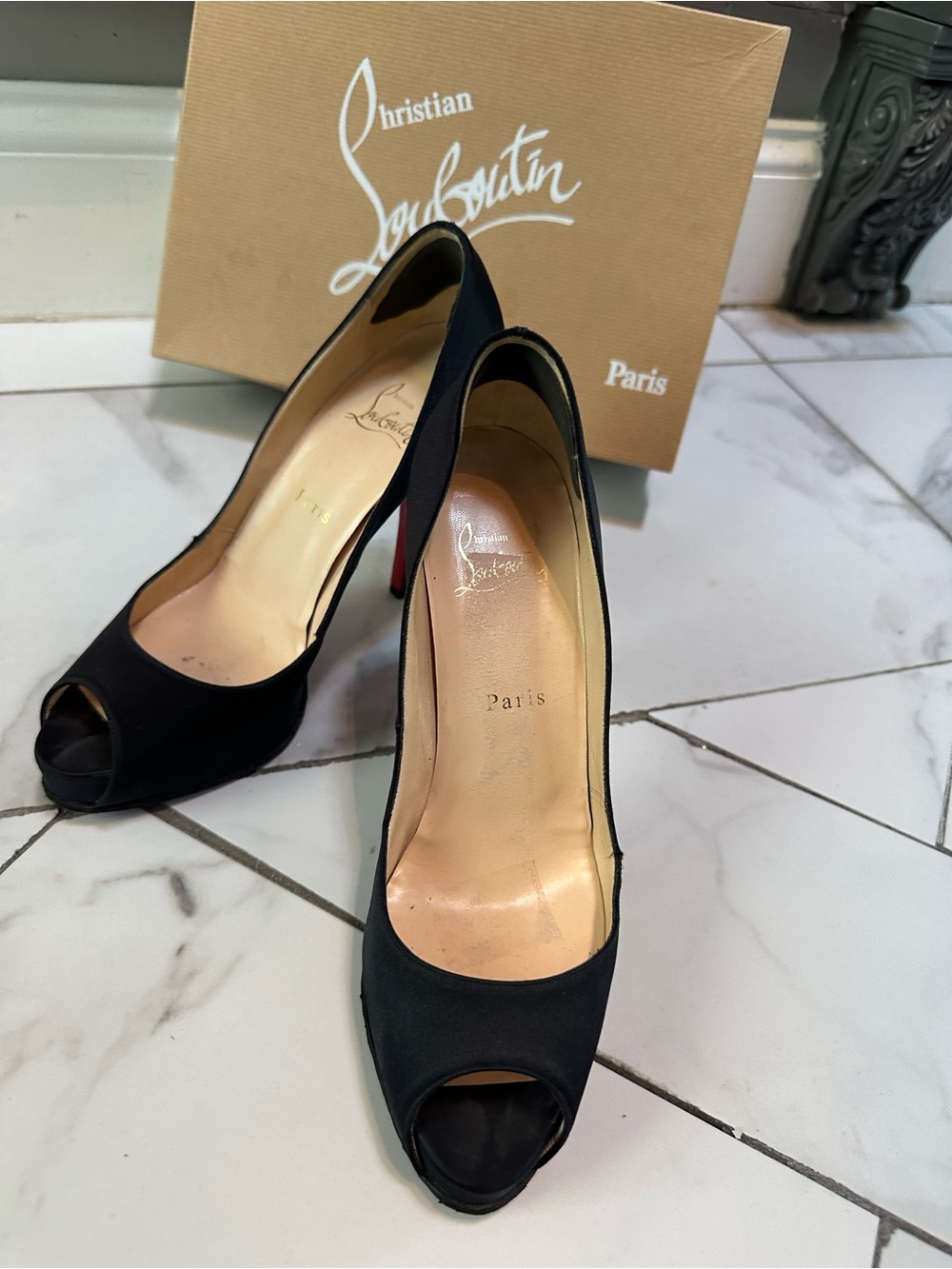 Christian Louboutin Very Prive 120 Black Satin Peep Toe Pumps 39